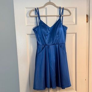 City Studio Blue Satin Spaghetti Strap/lace back Dress